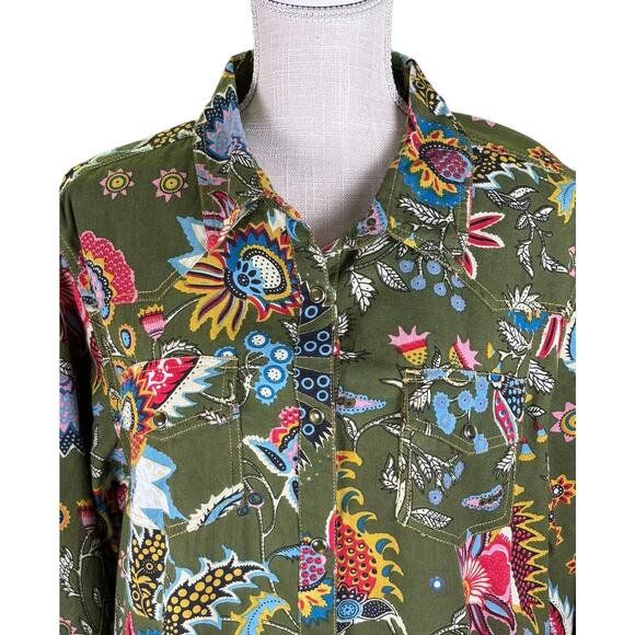 Ivy Jane Perfect Bliss Blouse Pearl Snap Top Women's Large Floral Green Western - Picture 5 of 14